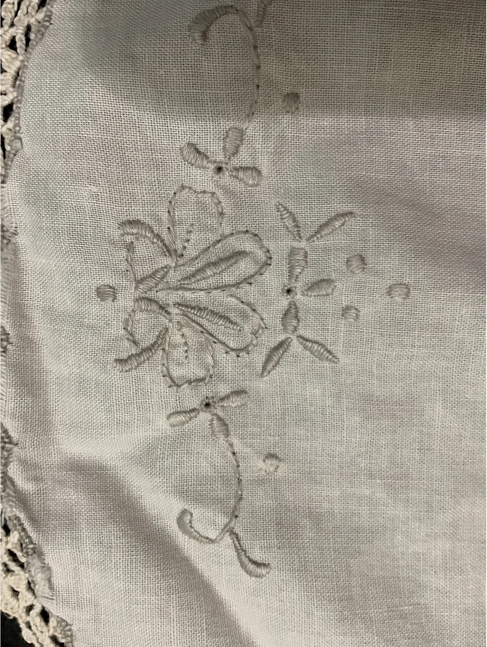 Handcrafted Embroidered Linen Table Runner with Crochet Lace 52” x 14 1/2”